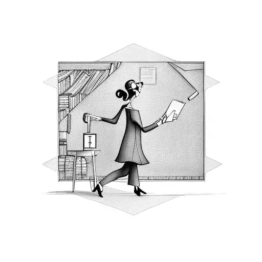 A teacher walking through a library with musical notes floating around tattoo design idea