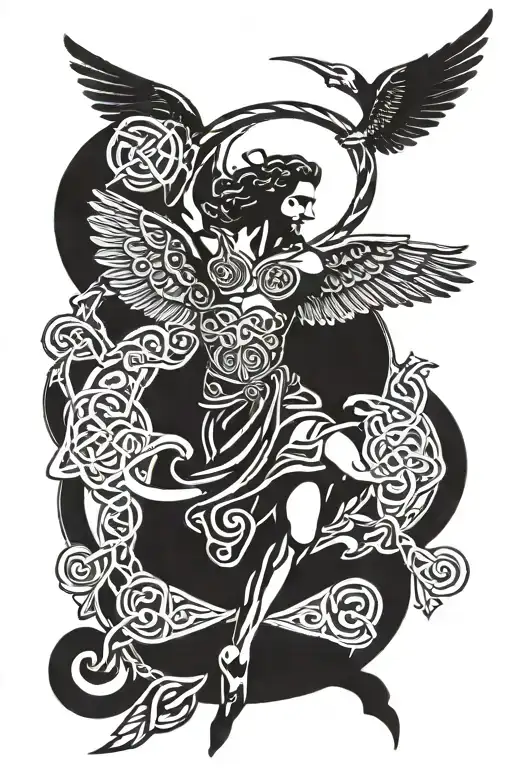 A celtic knot design incorporating elements of greek mythology, with a focus on Icarus tattoo design idea