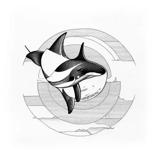 A blackwork tattoo of an orca swimming in the rings of Saturn tattoo design idea