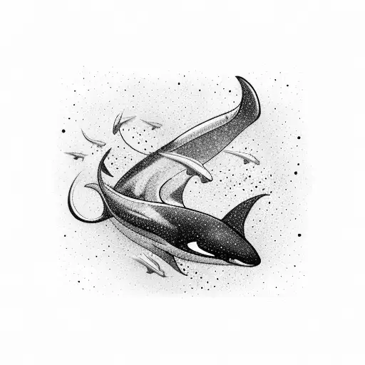 A futuristic orca swimming through the cosmos tattoo design idea