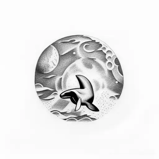 A dotwork tattoo of a majestic orca leaping over a moonlit planet tattoo design idea