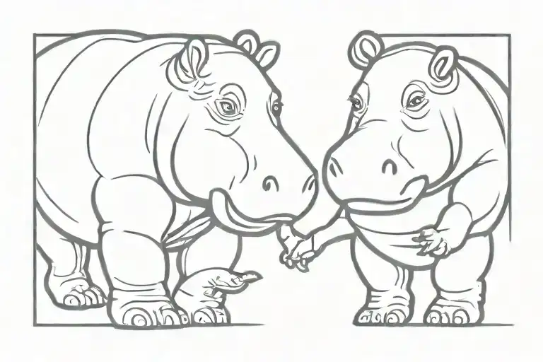 two humanoid hippo holding hands small caroon  tattoo design idea