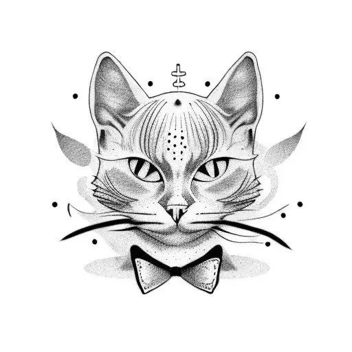 Dotwork tattoo of a chef holding a black cat and surrounded by punk rock symbols tattoo design idea