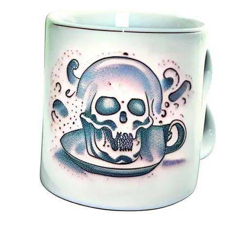 coffee mug with "yes, have some" printed on its side, steam rising from mug takes the shape of a ghost tattoo design idea