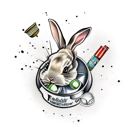 a rabbit covered in feces with an open can of tuna sitting next to it tattoo design idea