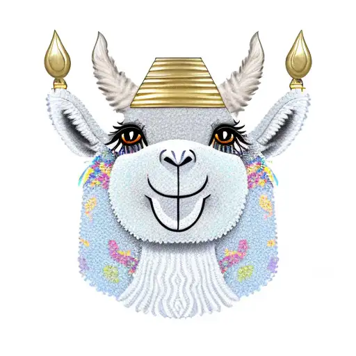 close up of a the face of a smiling llama with gold capped teeth tattoo design idea