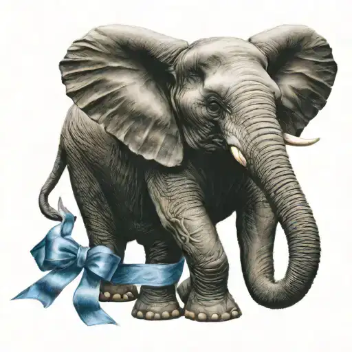 elephant with a ribbon representing Alzheimer's with initials "TAH" in the ribbon tattoo design idea