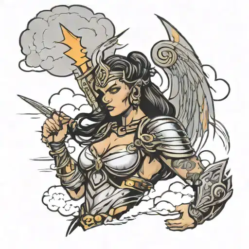valkyrie warrior woman lightening and clouds behind tattoo design idea