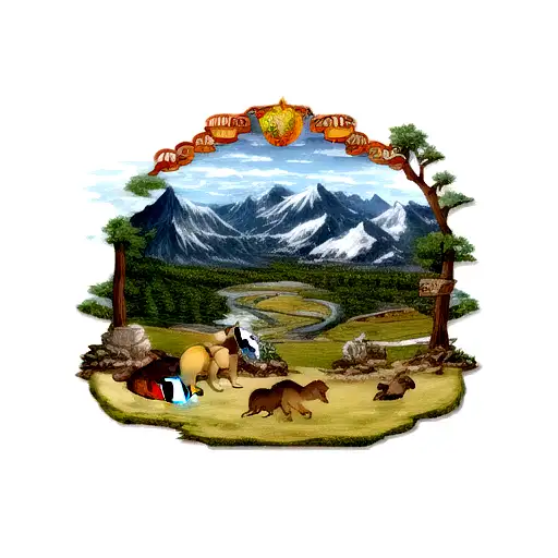 Mountain Scene, dragon, wolf, and lion tattoo design idea