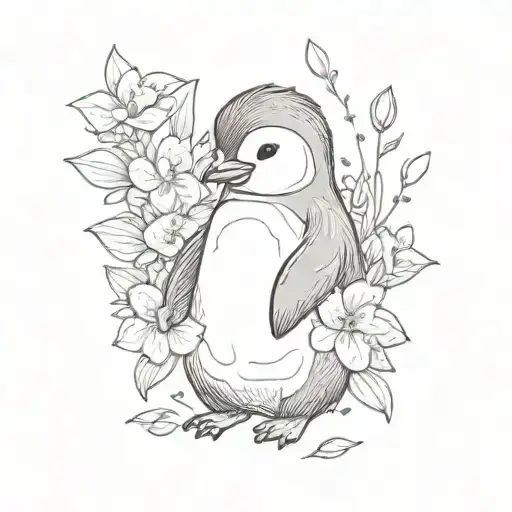 cute baby penguin holding flowers blooming flower growing tattoo design idea