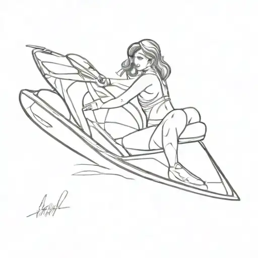 a girl in a swimsuit sitting on a jet ski with round buttocks. tattoo design idea