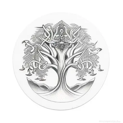 tree of life, viking, encircled, arrow tattoo design idea
