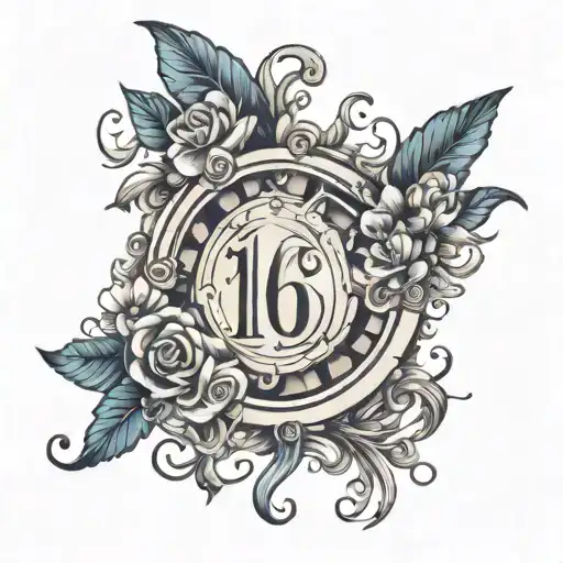 A dreamy tattoo design incorporating the number 16 of Charles Leclerc in a whimsical and artistic way, reflecting your dreamer personality tattoo design idea