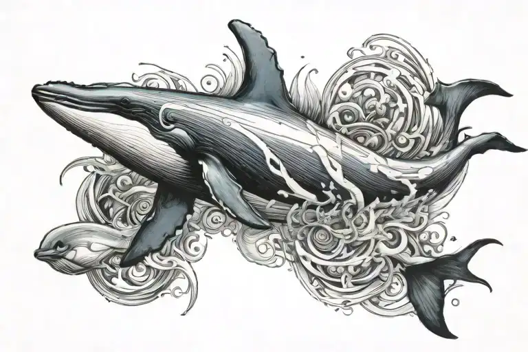 a humpback whale swimming with a spinner dolphin   tattoo design idea