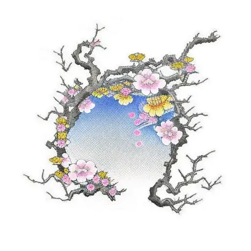 traditional japanese tatto covering my forearm, then coming uo out of it a cherry blossom tree covering my upper arm and tattoo design idea