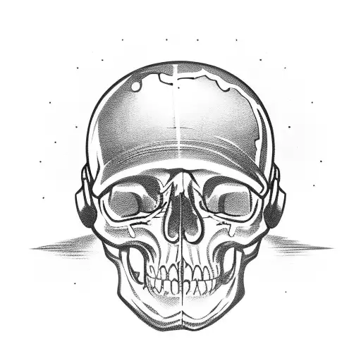 A skull wearing a motorcycle helmet, holding a pool cue and a guitar pick tattoo design idea