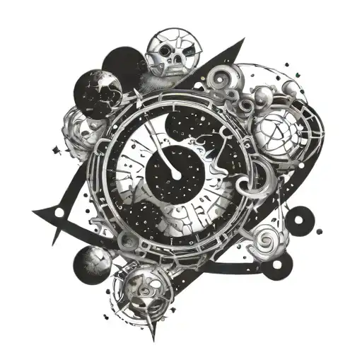 atomic structured universe around a black hole that is bending spacetime like a clock tattoo design idea