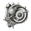 atomic structured universe around a black hole that is bending spacetime like a clock tattoo design idea