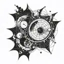 atomic structured universe around a black hole that is bending spacetime like a clock tattoo design idea