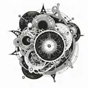atomic structured universe around a black hole that is bending spacetime like a clock tattoo design idea