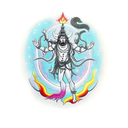A mystical black-grey tattoo depicting Shiva as the cosmic dancer, with multiple arms and surrounded by flames. tattoo design idea