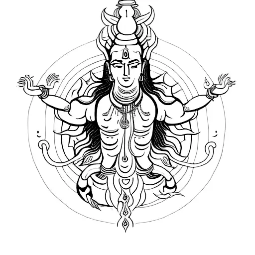 A mystical black-grey tattoo depicting Shiva as the cosmic dancer, with multiple arms and surrounded by flames. tattoo design idea