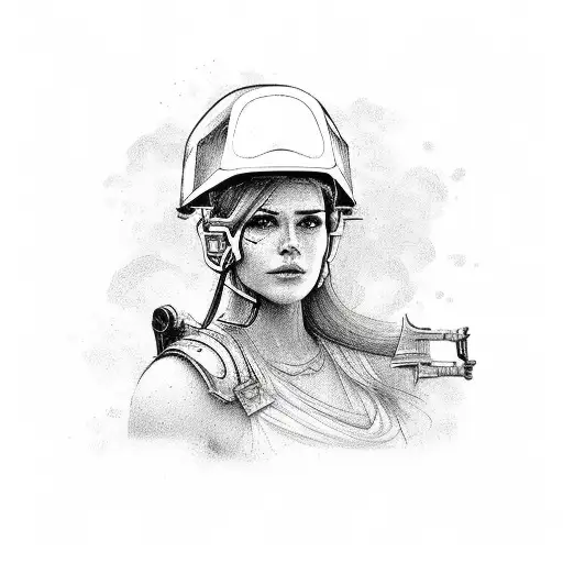 Feminine warrior with a construction helmet and tools tattoo design idea