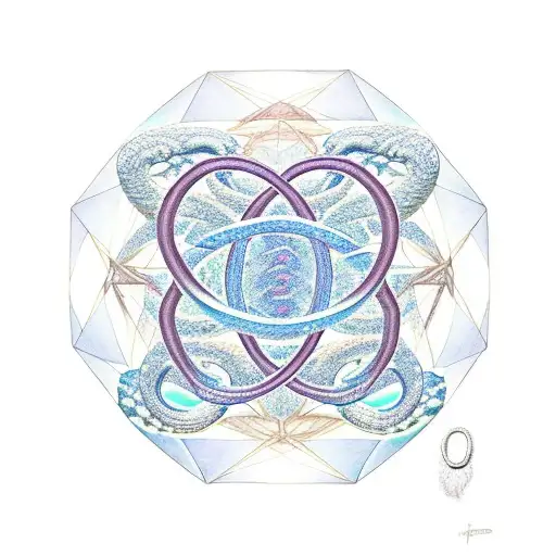 Orobos snakes forming an infinity, wrapped around sand hourglass, overlaying a sacred geometry metatrons cube tattoo design idea
