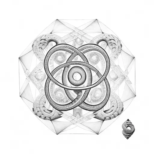 Orobos snakes forming an infinity, wrapped around sand hourglass, overlaying a sacred geometry metatrons cube tattoo design idea
