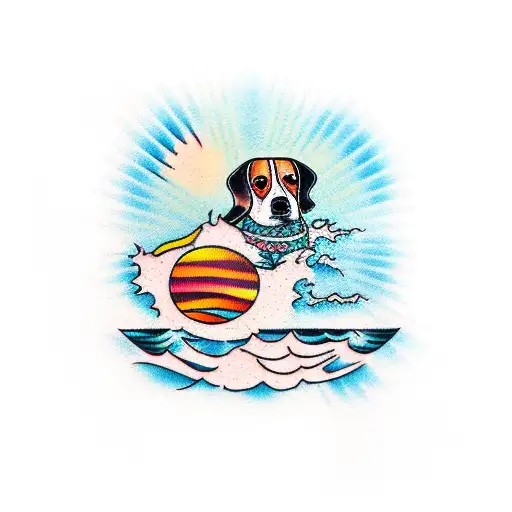 beagle in sunset by the beach tattoo design idea
