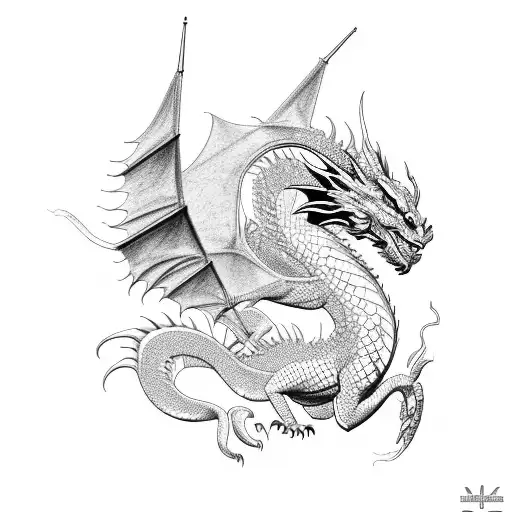 Architectural blueprint of a dragon, incorporating clean lines and precise details tattoo design idea