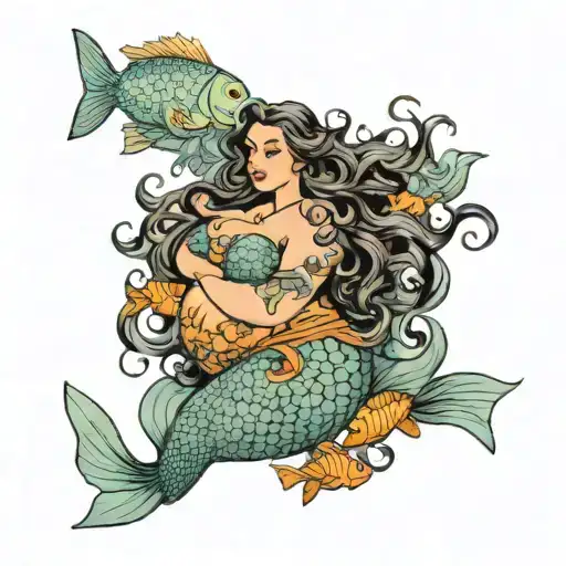 A fat, obese Latina mermaid with gray eyes and long brown hair. She is beautiful, and surrounded by orange fish tattoo design idea