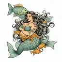 A fat, obese Latina mermaid with gray eyes and long brown hair. She is beautiful, and surrounded by orange fish tattoo design idea