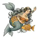 A fat, obese Latina mermaid with gray eyes and long brown hair. She is beautiful, and surrounded by orange fish tattoo design idea