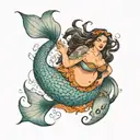 A fat, obese Latina mermaid with gray eyes and long brown hair. She is beautiful, and surrounded by orange fish tattoo design idea