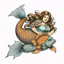 A fat, obese Latina mermaid with gray eyes and long brown hair. She is beautiful, and surrounded by orange fish tattoo design idea
