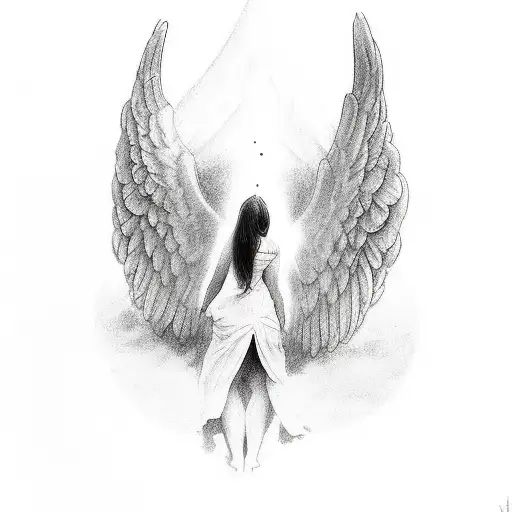 figure on there knees looking up and praying with wings one side for the deveil and the other wing for angels tattoo design idea
