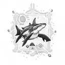 A pharmacist diving into the depths with a school of sharks tattoo design idea
