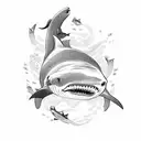 A pharmacist diving into the depths with a school of sharks tattoo design idea