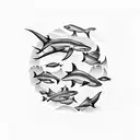 A pharmacist diving into the depths with a school of sharks tattoo design idea