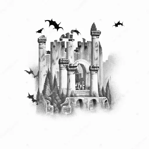 A garden with stone castle ruins and bats flying overhead tattoo design idea
