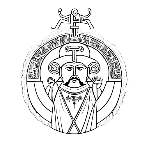 Minimalist vector outline of an Orthodox saint or bishop in richly decorated vestments and miter, holding an ornate gosp tattoo design idea