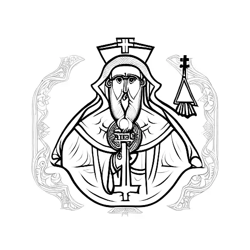 A black and white portrait of an Eastern Orthodox Christian bishop or saint, wearing ornate liturgical vestments and hea tattoo design idea