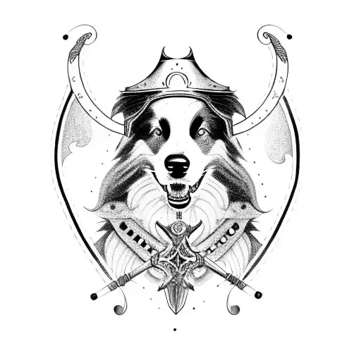 A border collie wearing a Viking helmet, strumming a guitar tattoo design idea