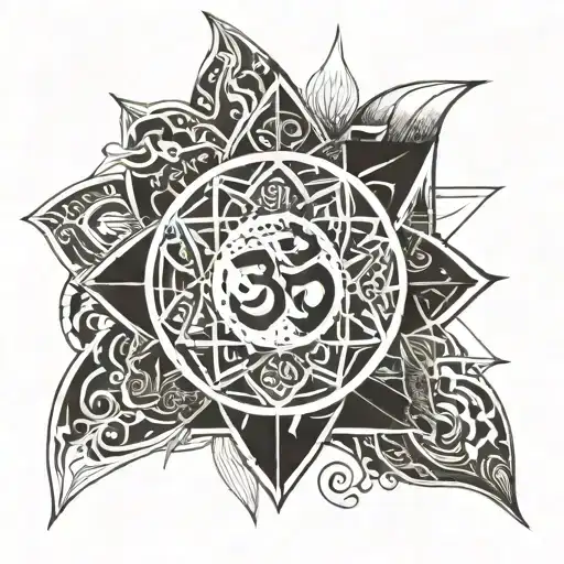 A geometric design incorporating the Om symbol and representations of the five elements (earth, water, fire, air, and ether) tattoo design idea