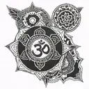 A tattoo design combining the om symbol, yantra, and mandala in a cohesive and intricate composition tattoo design idea