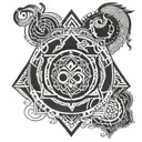 A tattoo design combining the om symbol, yantra, and mandala in a cohesive and intricate composition tattoo design idea