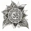 A geometric design incorporating the Om symbol and representations of the five elements (earth, water, fire, air, and ether) tattoo design idea