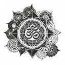 A geometric design incorporating the Om symbol and representations of the five elements (earth, water, fire, air, and ether) tattoo design idea
