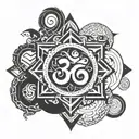 A geometric design incorporating the Om symbol and representations of the five elements (earth, water, fire, air, and ether) tattoo design idea